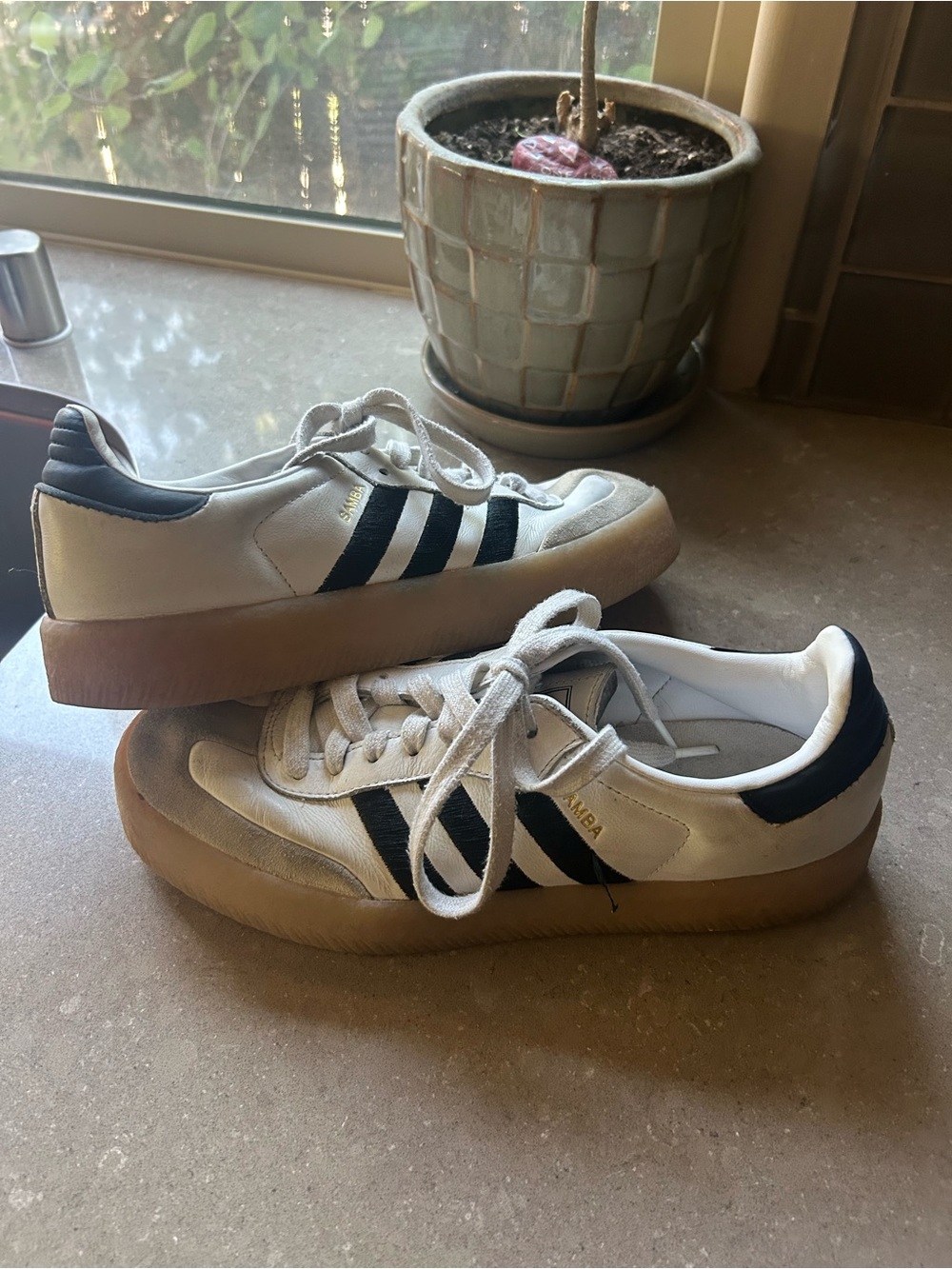 adidas White Leather Sneakers with Black Stripes and Gum Sole
